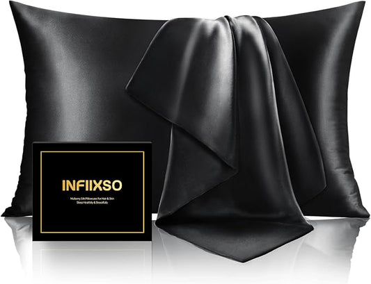 INFIIXSO Mulberry Silk Pillow Cases King Size Set of 2, Silk Pillowcase with Hidden Zipper 20"x36", Extraordinary Smooth and Soft Pillow Case for Hair and Skin(Black, 2 Pack) - Bloomnest