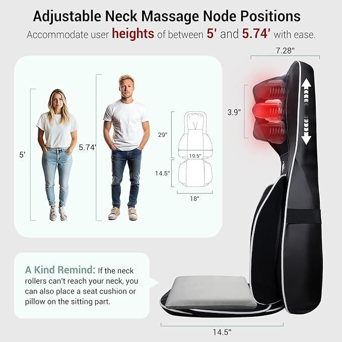 Mynt 2D & 3D Shiatsu Neck and Back Massager for Chair with 10 Deep Kneading Nodes, Back Massage with Heat, Portable Spot Massage Chair Pad (Black) - Bloomnest