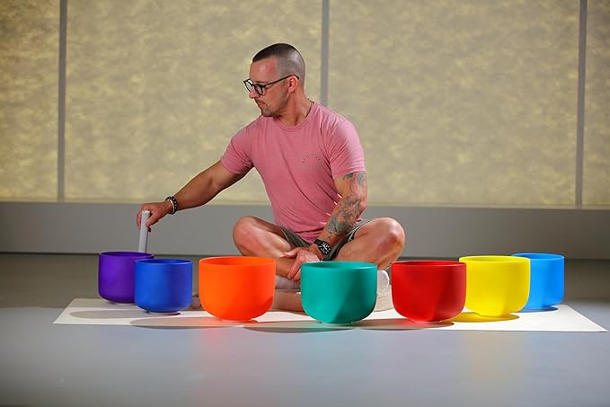 TOPFUND 7-12 inch 432Hz Chakra Set of 7 Color Crystal Singing Bowls with Carrying Cases and Mallets