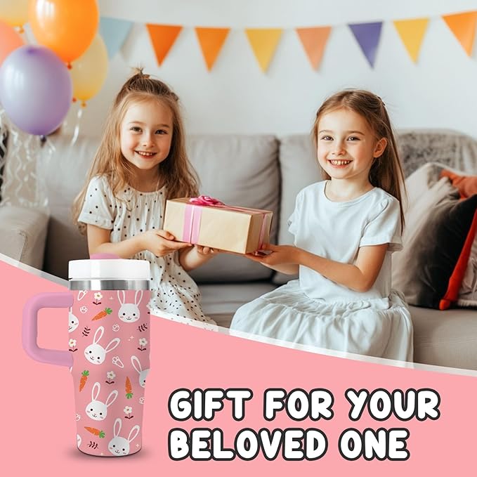 Rabbit Gifts for Kids - 14 Oz Pink Kids Tumbler with Handle and Straw, Stainless Steel Insulated Tumbler, Sweatproof, for Sports, School, Travel - Bunny Lovers Children Birthday Gifts Cups(1pc) - Bloomnest
