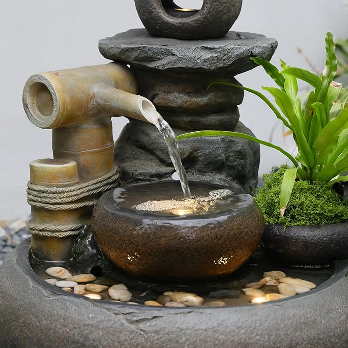 21" H Pagoda and Bamboo Outdoor&Indoor Outdoor Water Fountain, Natural Zen Decor Desian Outside Waterfall with LED Lights - Suitable for Garden/Patio/Yard/Deck/Balcony and Home Art Decor Resin - Bloomnest