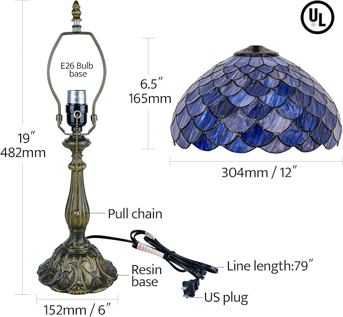 Tiffany Style Table Lamp Vintage Stained Glass Desk Lamp Deep Blue Purple Fish Scales Bedside Reading Light Decor Bedroom Living Room Home Office D12 xH18 - Bloomnest