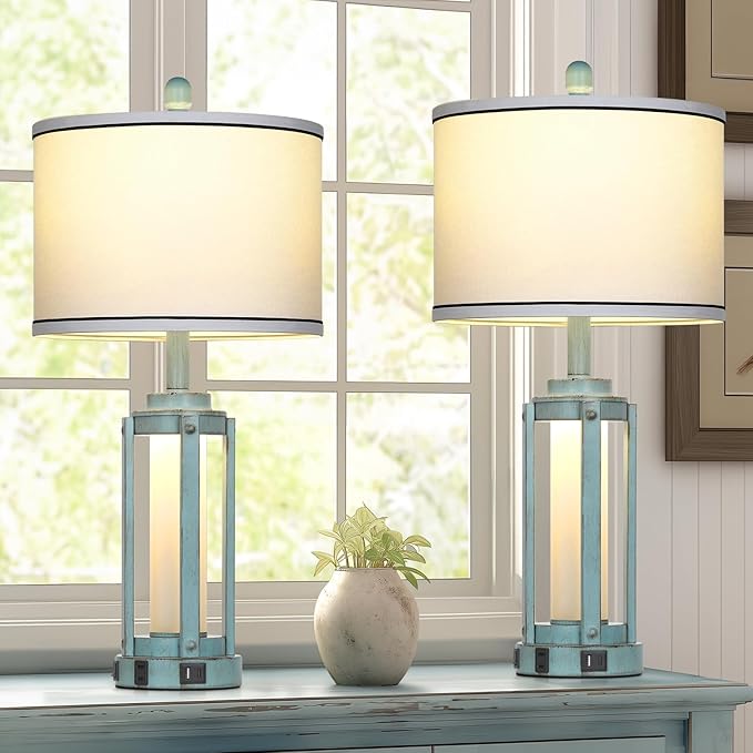 Table Lamp for Living Room, Vintage Rustic Industrial Farmhouse Lamps with USB A+C Charging Ports & AC Outlet, Beside Nightstand Metal Lamp with LED Night Light & Fabric Shade for Bedrooms - Bloomnest