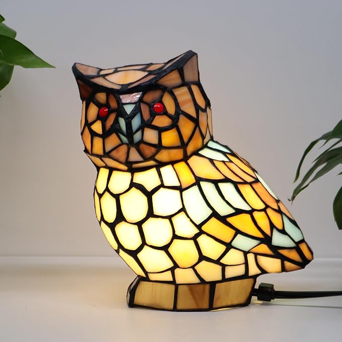 Tiffany Owl Lamp Yellow and White Stained Glass Animal Table Lamp Accent Lamp - Bloomnest