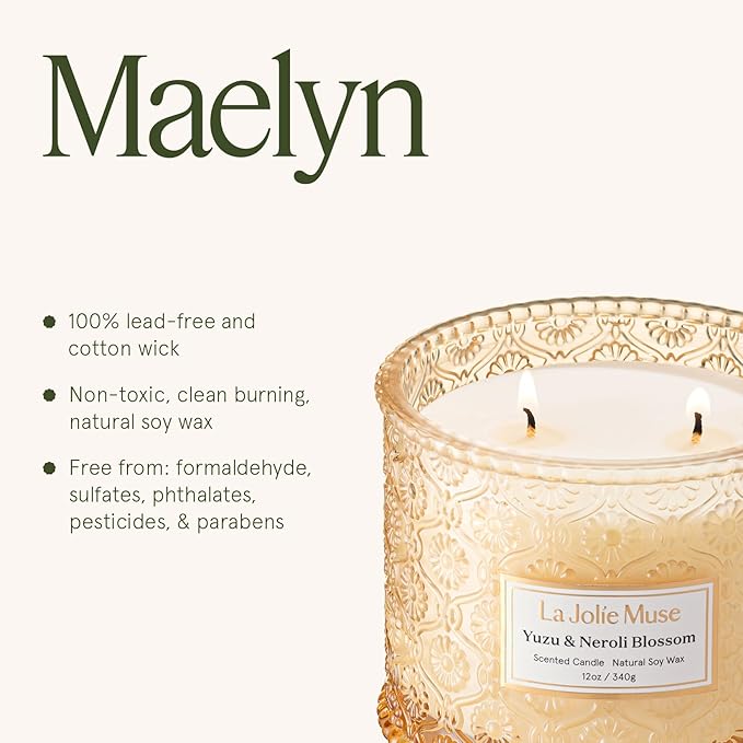 LA JOLIE MUSE Yuzu & Neroli Blossom Candle - Yuzu, Orange Blossom, Cedarwood | 12 oz Large 2-Wick Soy Wax Candle | 60 Hours Clean Burn | Citrus Scented Candle | Elegant Home Décor - Bloomnest