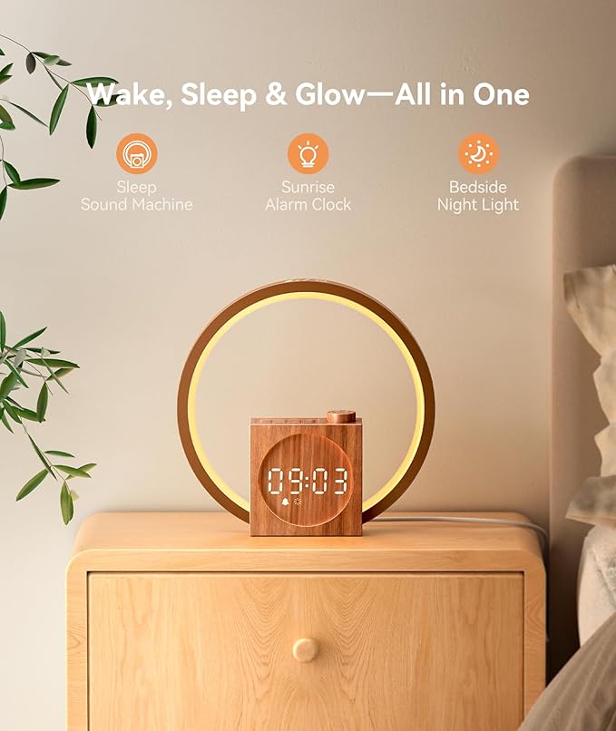 Dreamegg Sunrise Alarm Clock - Sound Machine for Sleep, 12 Ambient Colors &20-Level Dimmable Night Light, 25 Soothing Sounds, White Noise Machine, Wake Up Light for Adults, Stylish Bedroom Decor&Gift - Bloomnest