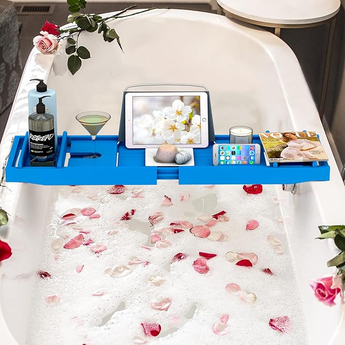 Domax Bathtub Caddy Tray - Expandable Bamboo Tub Tray for Luxury Spa Bath with Book Holder Free Soap Dish Blue - Bloomnest