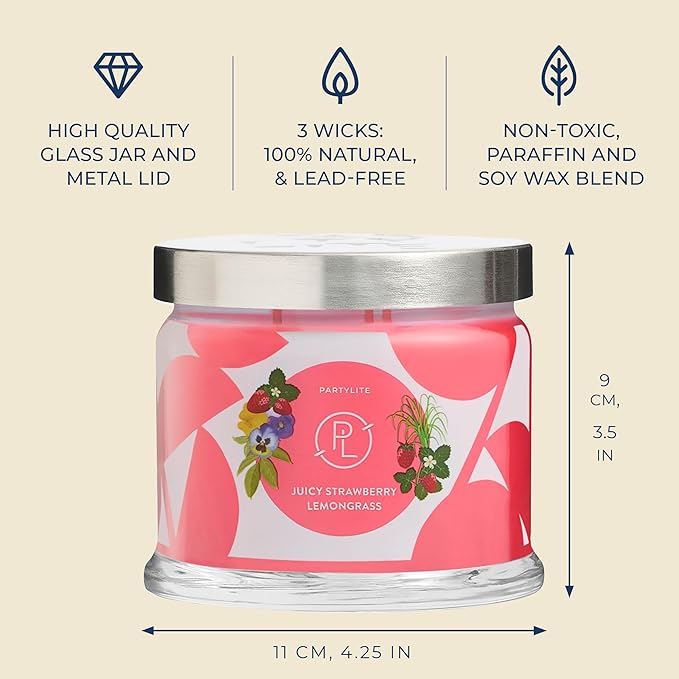 PartyLite Juicy Strawberry Lemongrass Scented, Notes of Lemongrass, Eucalyptus, Pansies, Verbena & Cedarwood, 13.2oz 3-Wick Jar Candle, 45 Hour Burn Time, Luxurious Fragrance, Ideal for Gifting - Bloomnest