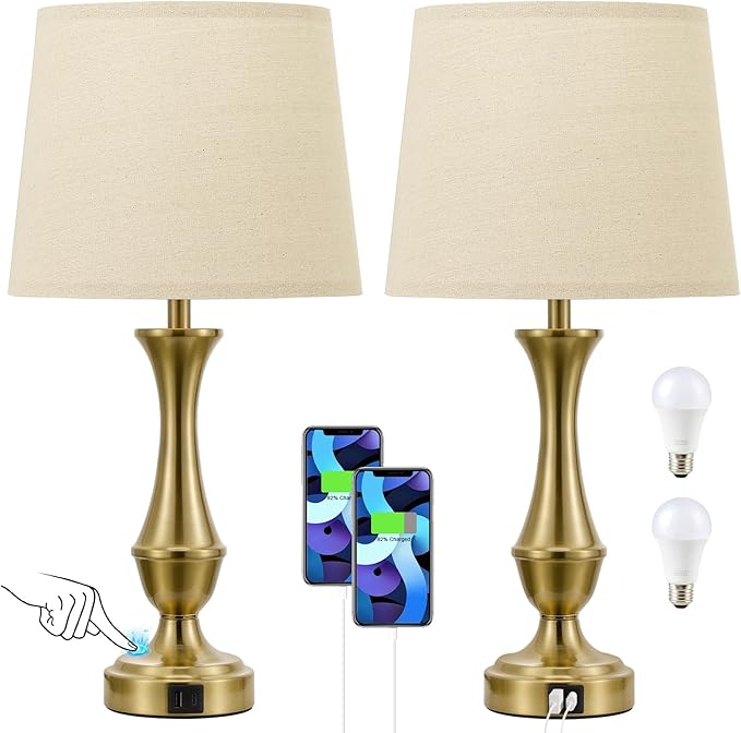 Seealle Upgraded Touch Lamps for Night Stands Set of 2 - Bedside Lamps with USB C+A, 3 Way Dimmable for Bedroom Living Room End Tables Office (Brown&Gold) - Bloomnest