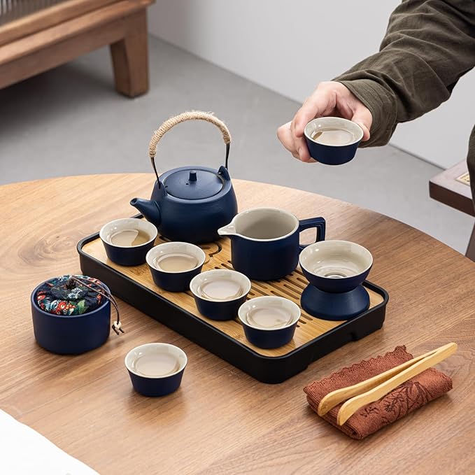 Travel tea set,Portable ceramic tea set,Chinese tea set,Tea sets for adults,Tea pot sets,Portable Travel Bag,Home,Gifting,Outdoor and Office,茶具 (Blue) - Bloomnest