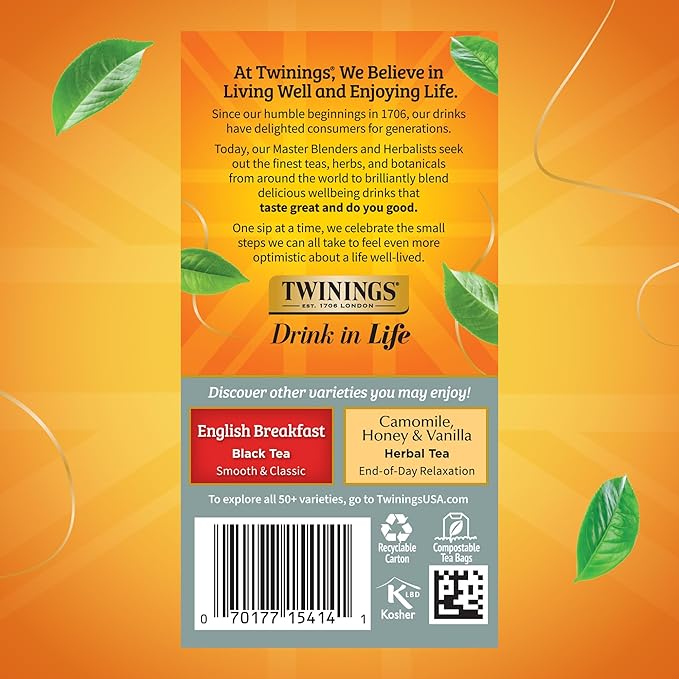 Twinings Prince of Wales Black Tea Individually Wrapped Bags, 20 Count (Pack of 6), Velvety Smooth & Mild, Caffeinated, Enjoy Hot or Iced, 120 Teabags - Bloomnest