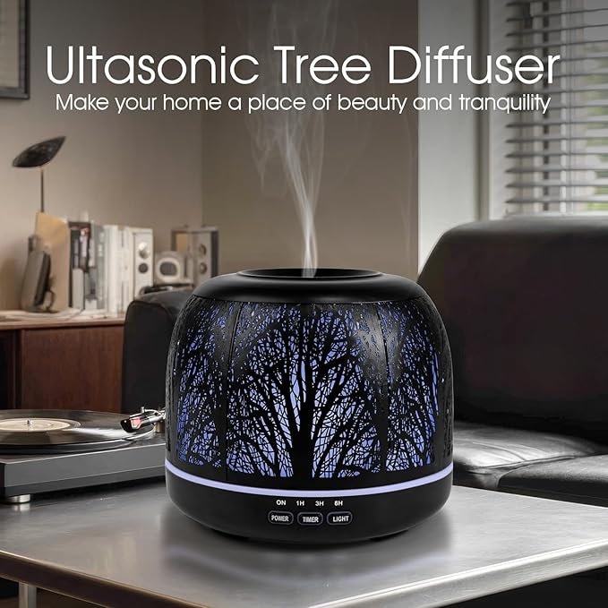 ARVIDSSON 500ml Essential Oil Diffuser, Metal Diffusers for Essential Oils, Aromatherapy Diffuser for Large Room, Color Mood Light & Mist Timer Setting, Gift for Women - Black Tree - Bloomnest