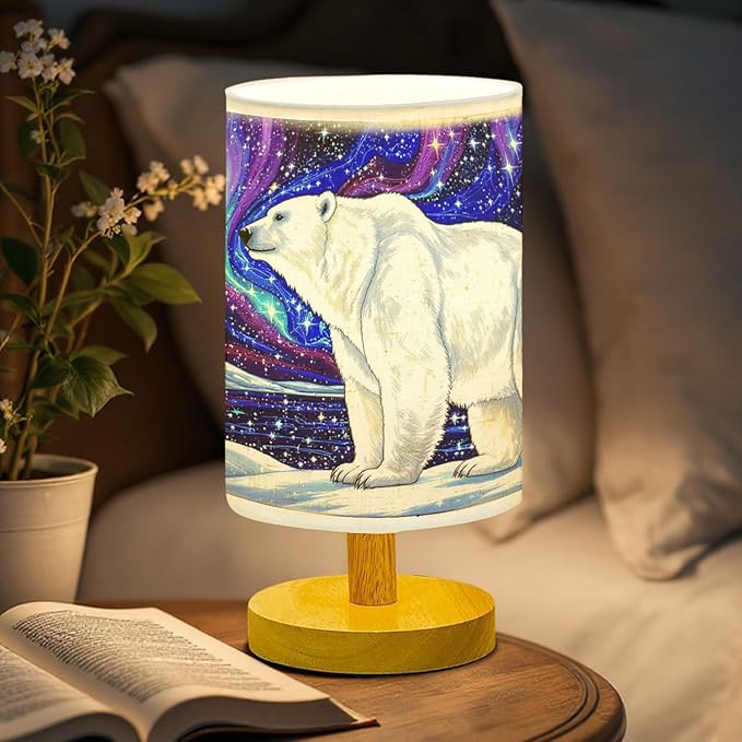 Polar Bear Table Lamp LED 3-Color Pressed Bedside for Merry Christmas, Polar Bear Shade Christmas Table Lamp with Wood Base for Bedroom Living Room Desk Office - Bloomnest