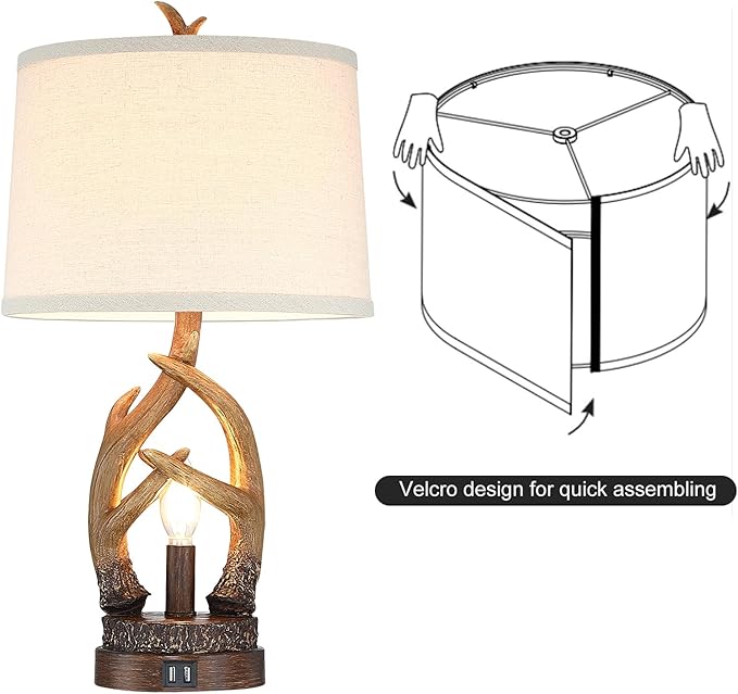 Rustic Table Lamps Farmhouse Antler Lamps Set of 2 Western Bedside Lamps for Bedroom with USB Charging Ports Nightlight,Vintage Resin Nightstand Table Lamps for Living Room (Bulbs Included) - Bloomnest