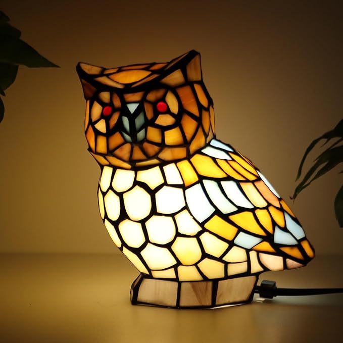 Tiffany Owl Lamp Yellow and White Stained Glass Animal Table Lamp Accent Lamp - Bloomnest