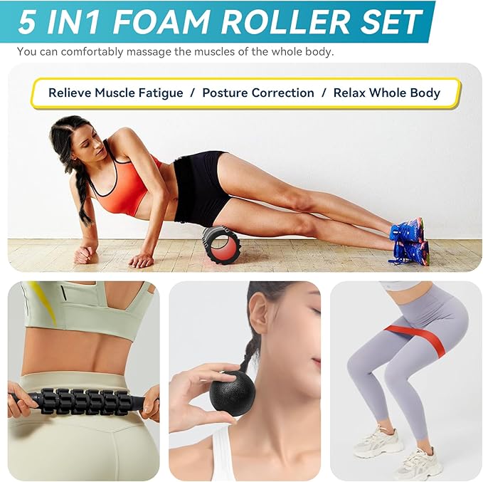 5 in1 Foam Roller Set, High Density Deep Tissue Massager for Muscle Massage, Massage Roller, Massage Ball, Resistance Band for Whole Body Physical Therapy Deep Muscle Massage (Purple) - Bloomnest