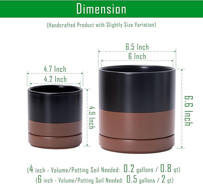 D'vine Dev 4.7 Inch & 6.5 Inch Ceramic Planter Pots for Plants with Drainage Hole and Saucer, Small Plant Pots Set, Black/Speckled Tan, 94-G-S-7 - Bloomnest