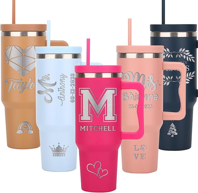 Personalized Tumbler with Handle, Custom 40oz Insulated Stainless Steel Travel Mug Coffee Cup with Engraved Name and Straw Lid, Personalized Gifts for Women Men Him Her (40oz Tumbler Style 4) - Bloomnest