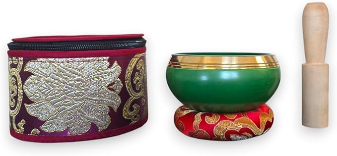 4” Tibetan Singing Bowl Set – Includes Handmade Cushion, Wooden Mallet & Hand-Stitched Case – Chakra Healing, Meditation Sound Bowl – Made in Nepal (Green) - Bloomnest