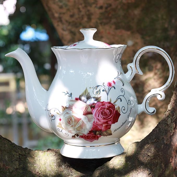 Jomop European Style Ceramic Flower Teapot Coffee Pot Water Pot Porcelain Gift Large 5.5 Cups (1, Rose) - Bloomnest