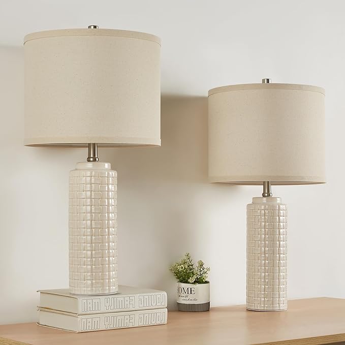 Luvkczc 24.8" Modern Ceramic Bedside Lamp Set of 2, 3 Color Temperature&Bulbs Included - Farmhouse Nightstand Lamps for Living Room Bedroom End Table Office Entryway - Bloomnest