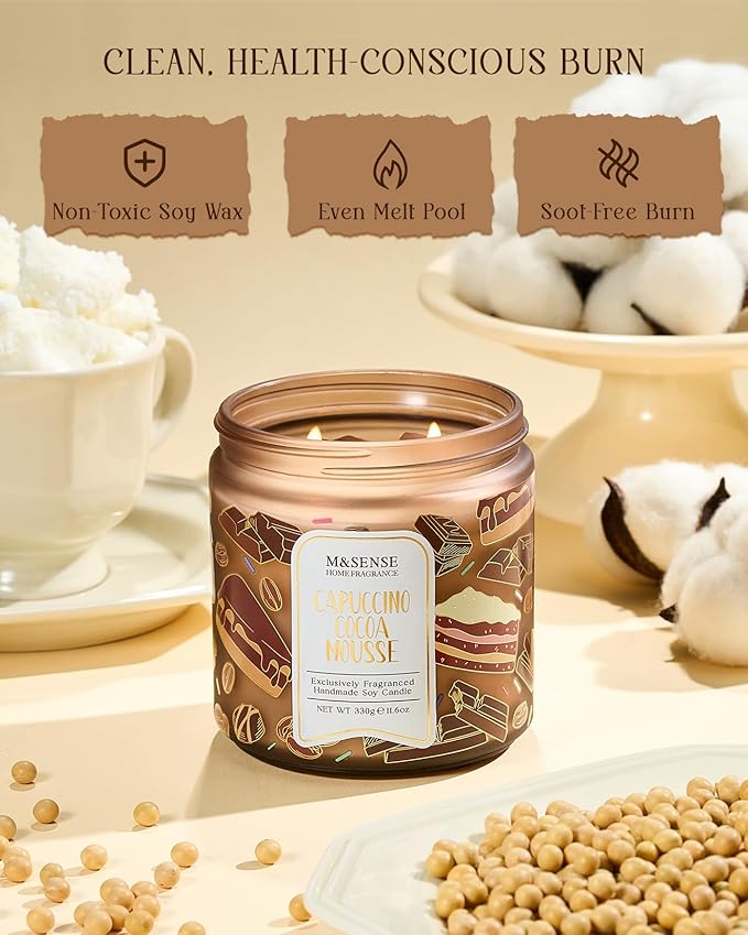 M&SENSE Coffee Candles Cappuccino Cocoa Scented, Soy Based Wax 11.6oz 70 Hours Non Toxic Slow Burn, Double Wick Highly Scented Chocolate Candles for Relaxation, Holiday Gifts for Coffee Lover - Bloomnest