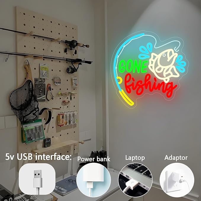 Fishing Neon Sign Dimmable Gone Fishing Neon Sign for Wall Decor Fish On Led Sign Fish Neon Light Up Sign for Bedroom Kids Room Living Room Xmas Gift Party - Bloomnest