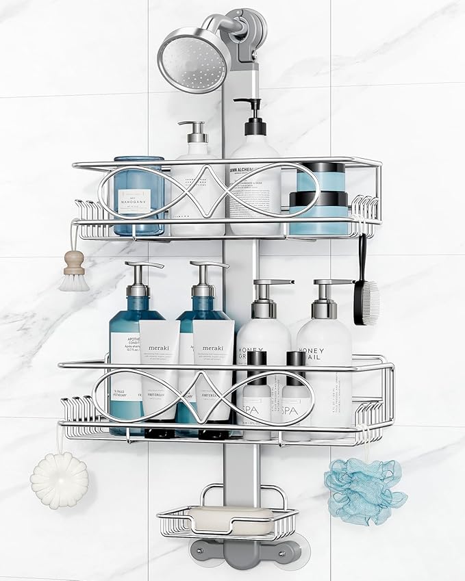 ODesign 2 Tier Stainless Steel Anodized Aluminum,Height-Adjustable Rustproof Shower Caddy Hanging Anti-Swing-Over The Shower Head Caddy-Bathroom Showe r Storage Organizer With Soap Box Holder- Sliver - Bloomnest