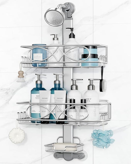 ODesign 2 Tier Stainless Steel Anodized Aluminum,Height-Adjustable Rustproof Shower Caddy Hanging Anti-Swing-Over The Shower Head Caddy-Bathroom Showe r Storage Organizer With Soap Box Holder- Sliver - Bloomnest