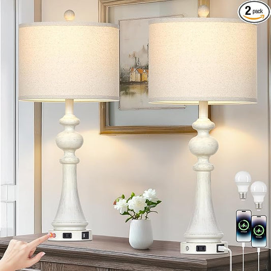 28" Farmhouse Table Lamps Set of 2, Vintage Bedside Lamps with USB A+C Charging Ports & AC Outlet, 3-Way Dimmable Touch Control Nightstand Lamp for Living Room Bedroom Wash White(2 LED Bulbs Included) - Bloomnest