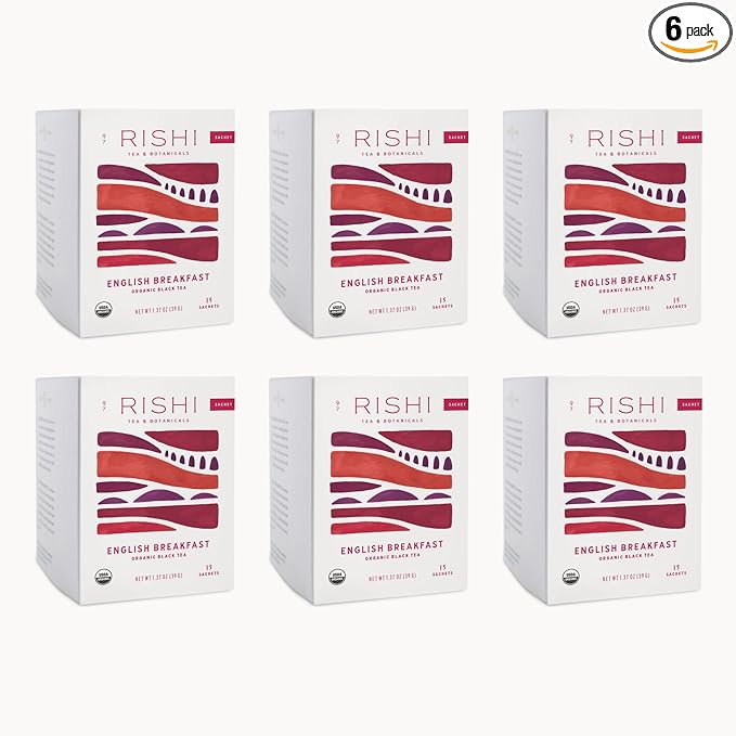 Rishi Tea English Breakfast Tea - Organic Sachet Tea Bags, Energizing & Caffeinated Pure Black Tea, Ideal for Hot or Iced Tea - 15 Count (Pack of 6) - Bloomnest