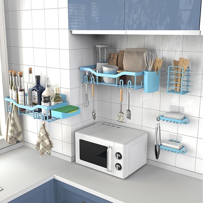 Shower Caddy Adhesive Shower Organizer 7-Pack, Rustproof Stainless Steel Bathroom Shelves, Large Capacity No-Drill Rack Storage Accessories with Soap Dish Toothbrush Holder Hooks - Bloomnest