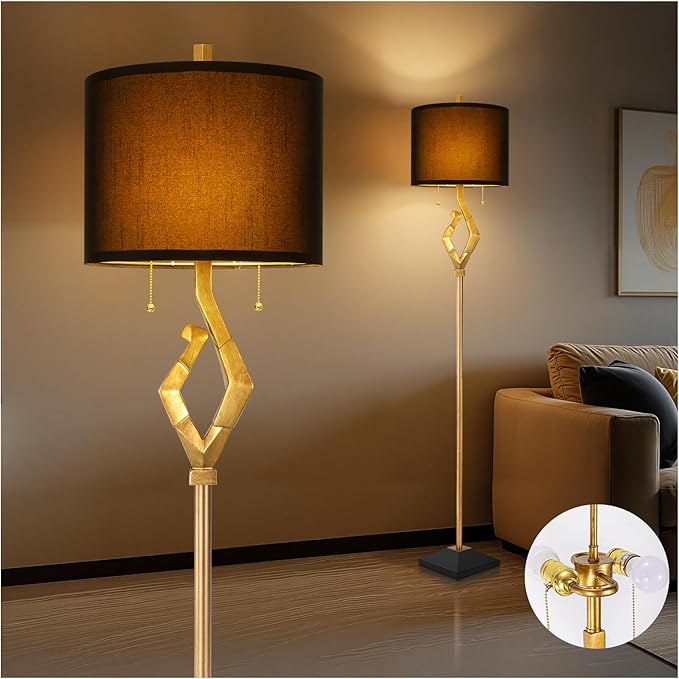 Sculptural Floor Lamp for Living Room Bedroom, 64.5” Pull Chains Standing Lamp, Gold Leaf Finish & Black Faux Silk Lamp Shade, Lighting Brightness Adjustable Lamp with Bulb Prefer for Home Decor - Bloomnest
