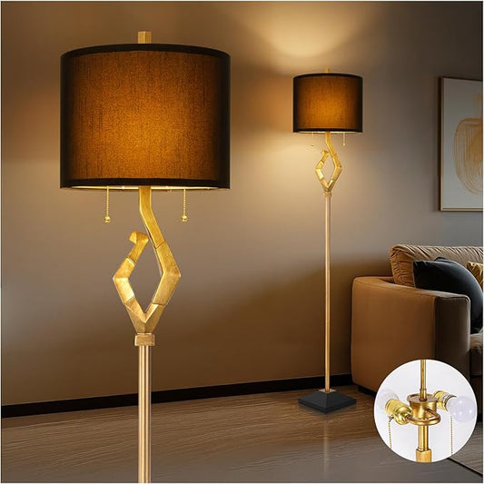 Sculptural Floor Lamp for Living Room Bedroom, 64.5” Pull Chains Standing Lamp, Gold Leaf Finish & Black Faux Silk Lamp Shade, Lighting Brightness Adjustable Lamp with Bulb Prefer for Home Decor - Bloomnest
