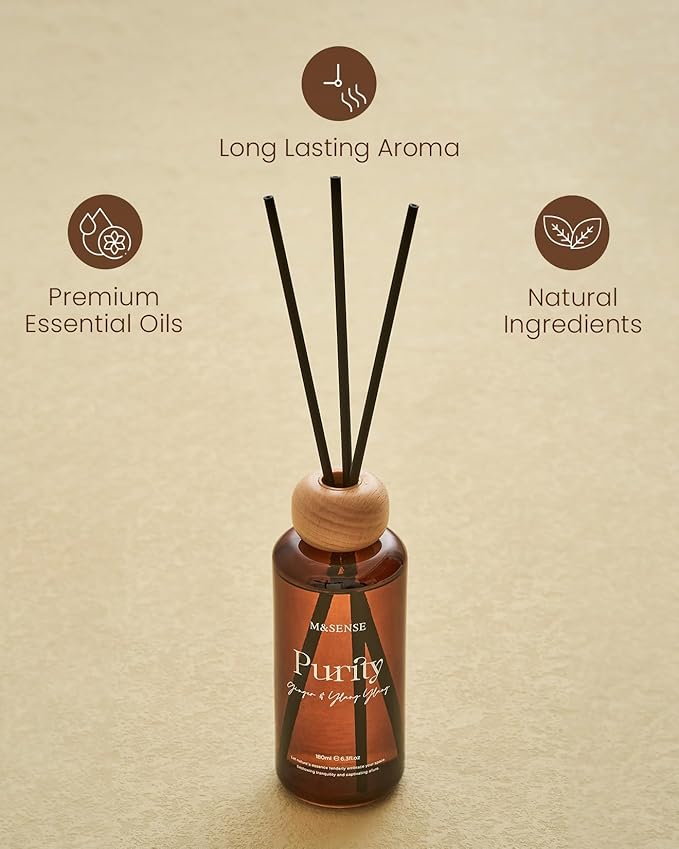 M&SENSE Reed Diffuser Set, Ginger Ylang Ylang Scented 6.3 fl oz Natural Essential Oil Diffusers with Sticks, Non-Toxic Organic Air Freshener, Long-Lasting Fragrance Oils for Home Bathroom Study Office MSENSE