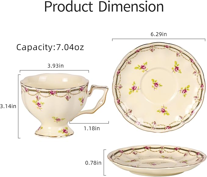 KAMMAK Tea Cups and Saucers Set of 2, Porcelain, 7.8-Ounce | Stackable Espresso Mugs | Imperial Court Collection | Ceramic Demitasse | For Coffee, Latte, Americano, Tea - Bloomnest