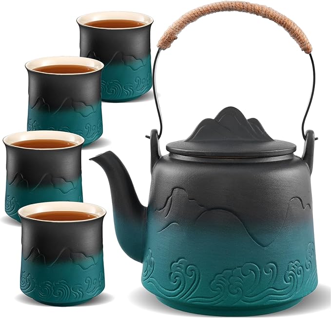 ZENS Vintage Japanese Tea Set, Gradient Embossed Ceramic Japanese Teapot with 4 Teacups, Hemp Rope Handle 33.8 oz Loose Leaf Teapot with Built-in Strainer for Tea Steeper Gifts, Black & Green - Bloomnest