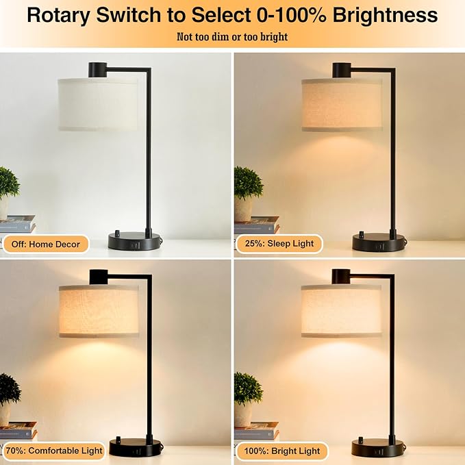 Luvkczc Table Lamp for Bedroom Set of 2 with USB C+A Ports, Fully Stepless Dimmable Bedside Lamp with Linen Lampshade, Contemporary Lamp for Living Room Reading Office, 2 LED Bulbs Included (Black) - Bloomnest