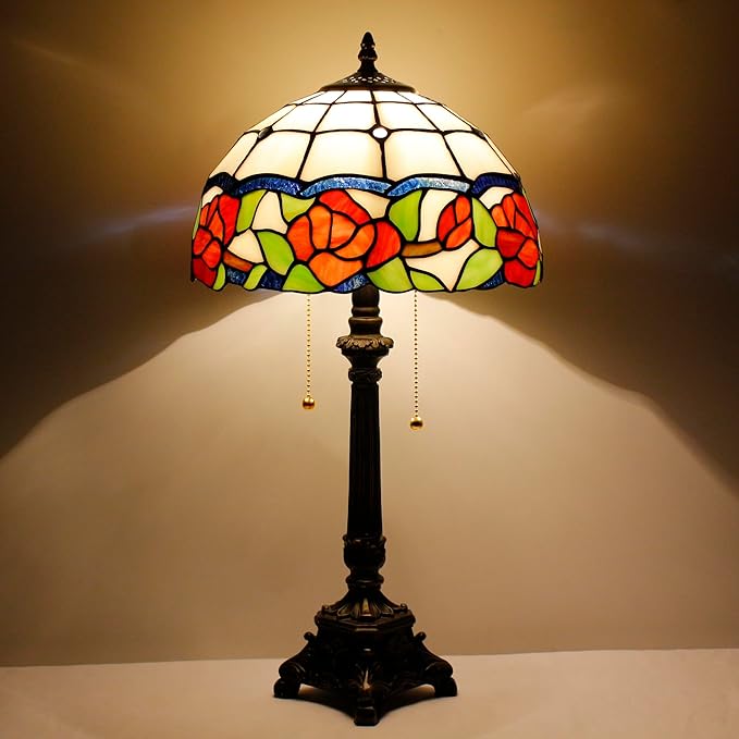 Tiffany Lamp Rose Flower Style Stained Glass Table Lamp Desk Reading Light 12X12X21 Inches with Resin Base Decor Bedroom Living Room - Bloomnest