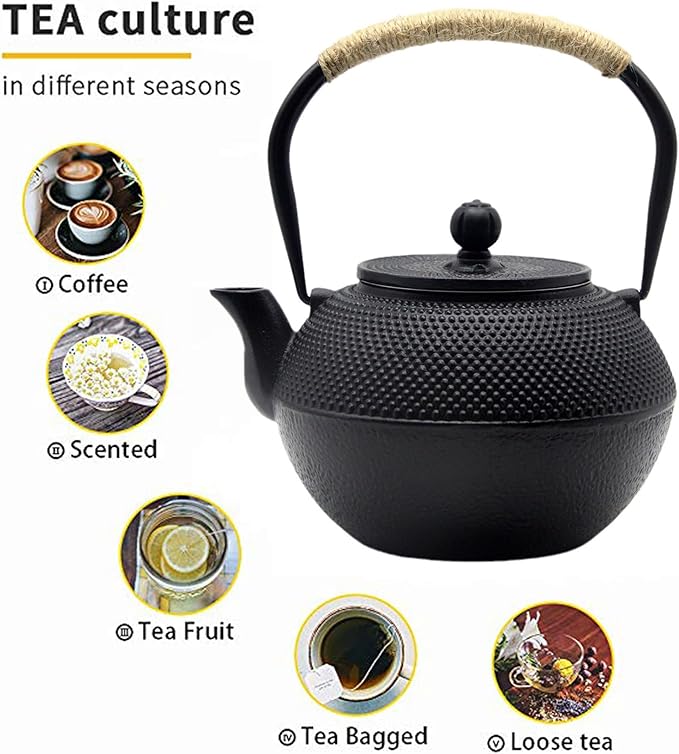 YJX 40.6 fl oz Cast Iron Teapot Set, Japanese Tetsubin Tea Set with Cast Iron Teacups, Small Tea Kettle Set with Strainer for Loose Tea, Enameled Interior (1200ml Tea Set with Cups and Saucers) - Bloomnest