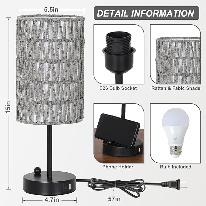 Gray Bedside Lamps Set of 2, Touch Control Night Stand Lamp for Bedroom with Rattan & Linen Shade & Bulbs, 3 Way Dimmable Small Boho Table Lamps with USB Charging Port & Phone Stand - Bloomnest