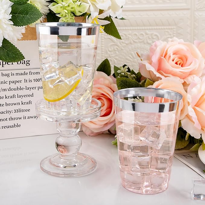 I00000 50 Pack 12 oz Silver Plastic Cups, Silver Rimmed Disposable Cups, Party Wine Glasses Disposable Cocktail Glasses Heavy Duty Cups with Silver Rim, 12 Ounce Plastic Tumblers For Party - Bloomnest