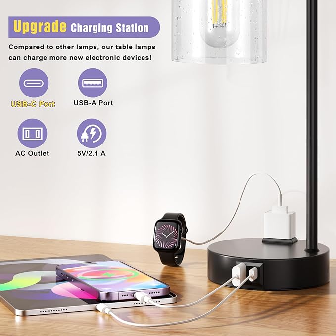 Industrial Touch Table Lamps for Bedrooms Set of 2 - 3-Way Dimmable Lamps with USB C+A Ports and Outlet, Black Bedside Lamps with Seeded Clear Glass Shade for Living Room, Desk Lamps for Home Office - Bloomnest