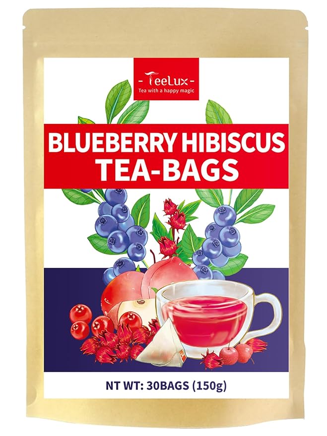 TeeLux Blueberry Hibiscus Tea Bags, 5g/bag, Hibiscus with Cranberry, Blueberry, Peach, Apple, Hibiscus, Hawthorn, Caffeine Free, Light Sweet & Tarty Taste, 30 Count - Bloomnest