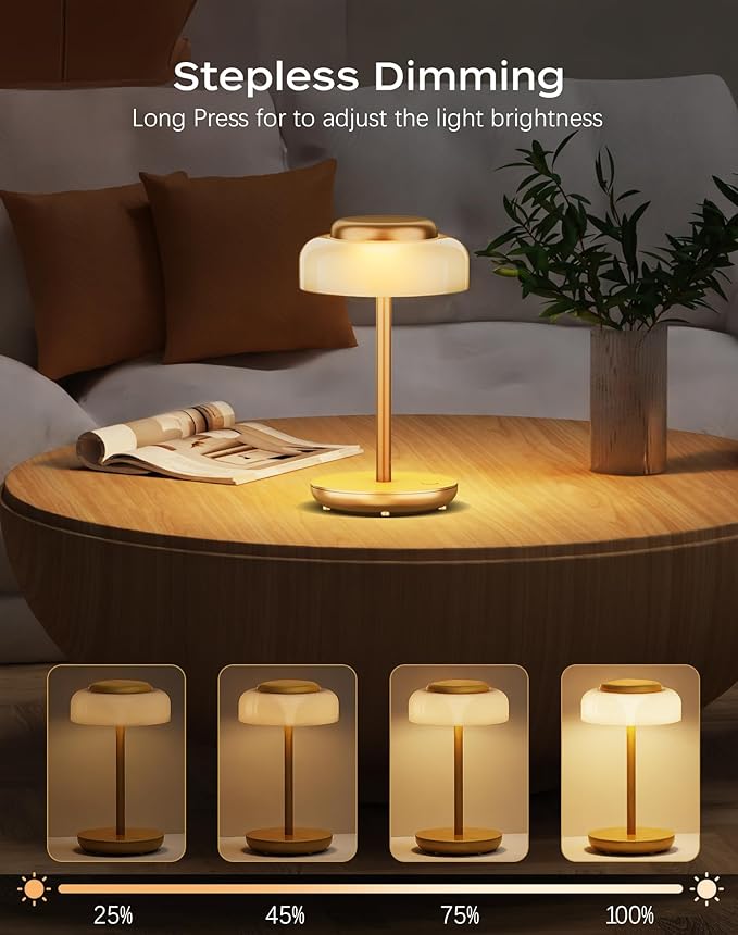 QiMH Battery Operated LED Table Lamp, 5000mAh Rechargeable Cordless Lamp Set of 2, Stepless Dimmable Touch Control, Small Waterproof Desk Night Light for Living Room, Bedroom, Outdoor Bar (Gold) - Bloomnest
