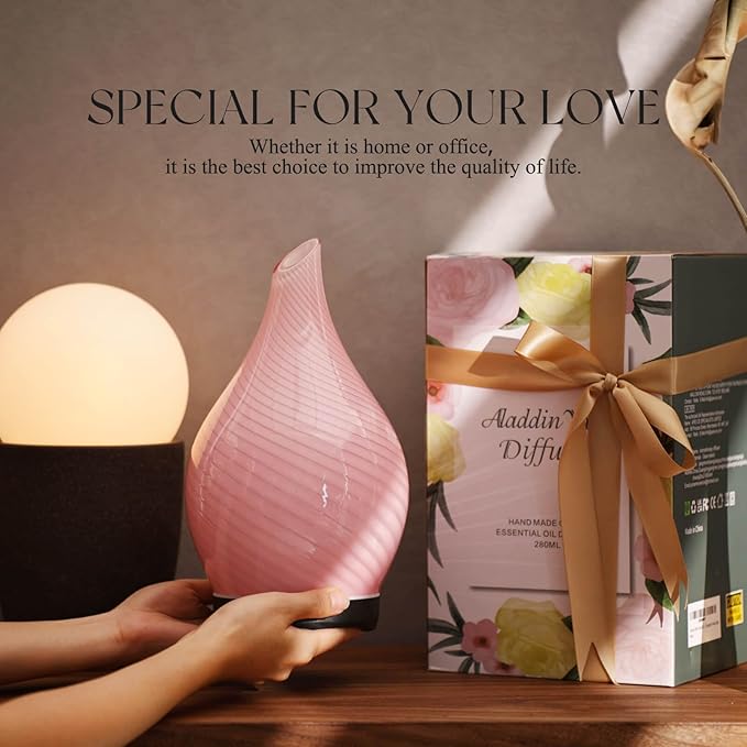 Porseme 280ml Essential Oil Diffuser Glass Color Changing Aroma Air Diffusers Aromatherapy Ultrasonic Cool Mist Humidifier 7 Running Hours Waterless Auto-Off for Sleeping, Yoga, Spa (Pure Pink) - Bloomnest