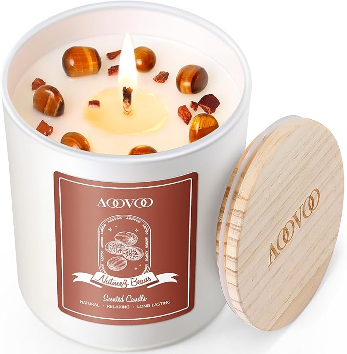 AOOVOO Nutmeg Beans Scented Candles for Women - Aromatherapy Candle with Crystals Inside, 10oz Soy Candles for Home Scented, Birthday Gifts Christmas Candle for Women Mom - Bloomnest