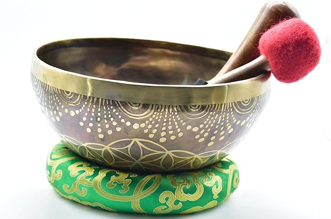 9 Inch Fine Etching Handmade Singing Bowl Yoga Meditation, with cushions and Mallet, Real Sandmade Singing Bowl from Nepal, healing bowls - Bloomnest