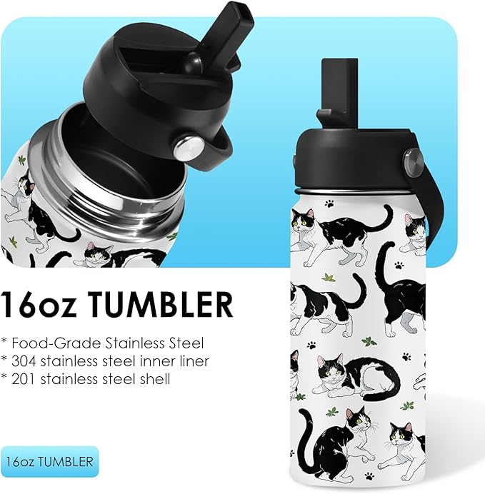 Cat Gifts for Kids - 16oz Cute Cow Cat Water Bottle with Straw Lid, Stainless Steel Insulated Tumbler, Leak Proof, BPA-Free, for Boys, Girls, School - Cow Cats Lovers Children Birthday Gifts Cups(1pc) - Bloomnest