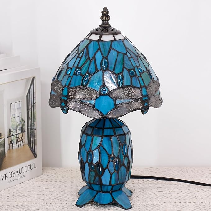 Small Tiffany Lamp Stained Glass Table Lamp Mini Mother Daughter Vase Desk Accent Light for Bedroom Bedside Reading Home Antique Style Decor 8X14 Inches (Green Dragonfly) - Bloomnest